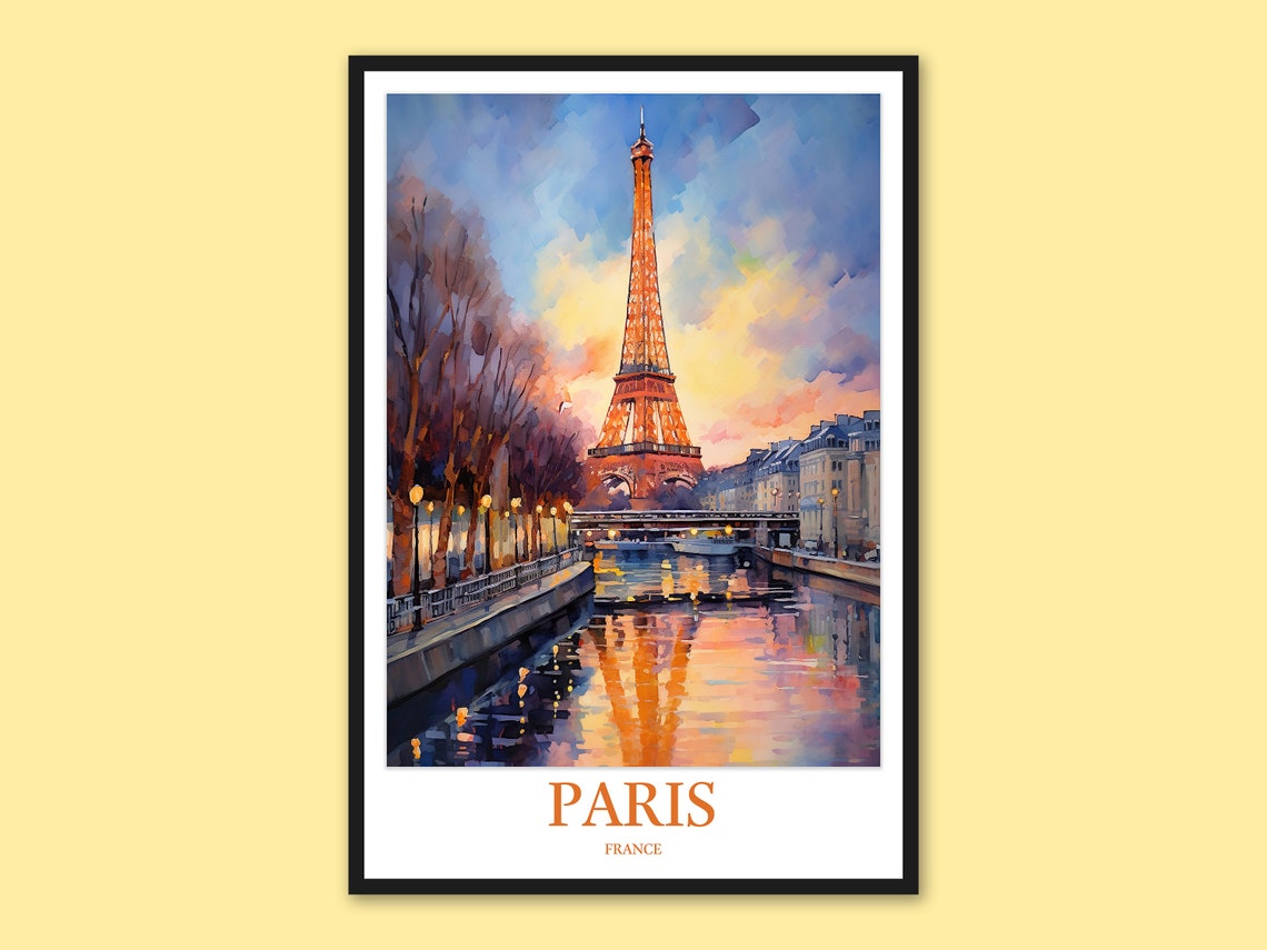 Eiffel Tower Glowing at Dusk Above the Seine Watercolor Poster