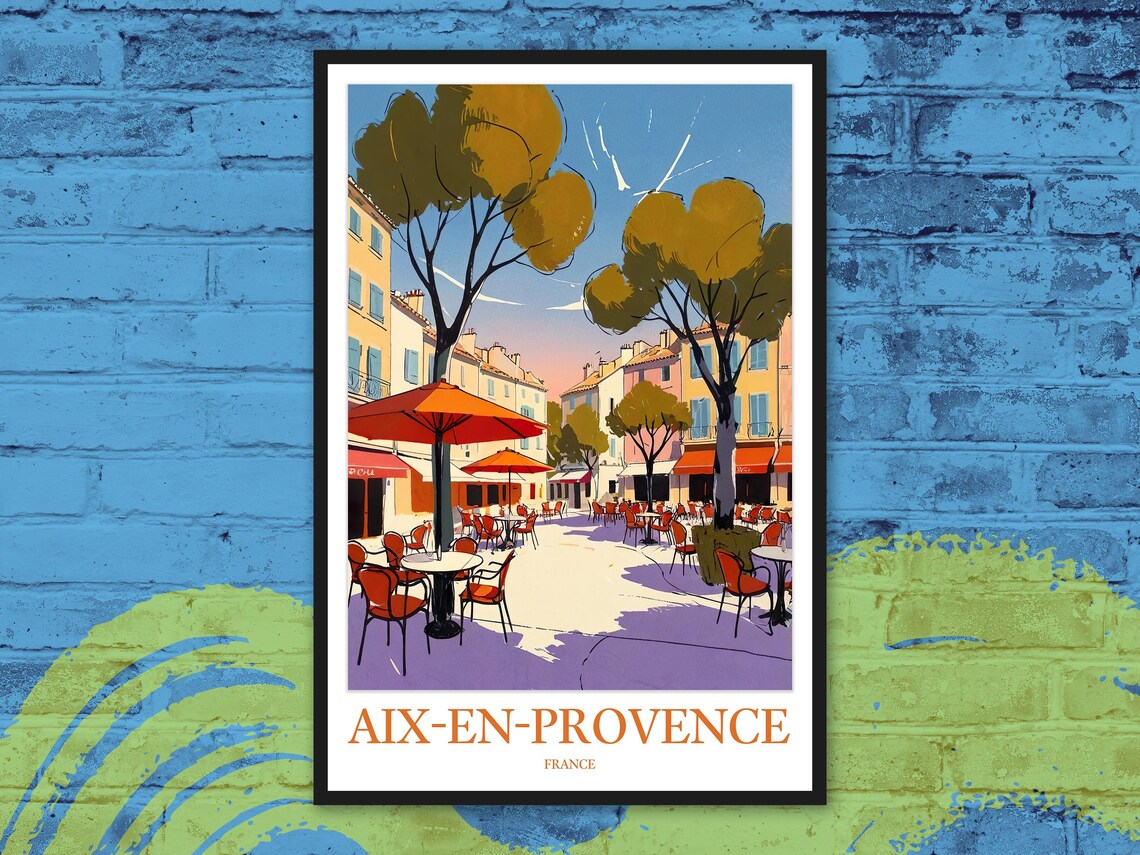 Aix-en-Provence France Cafe Plaza Afternoon Illustration Travel Poster