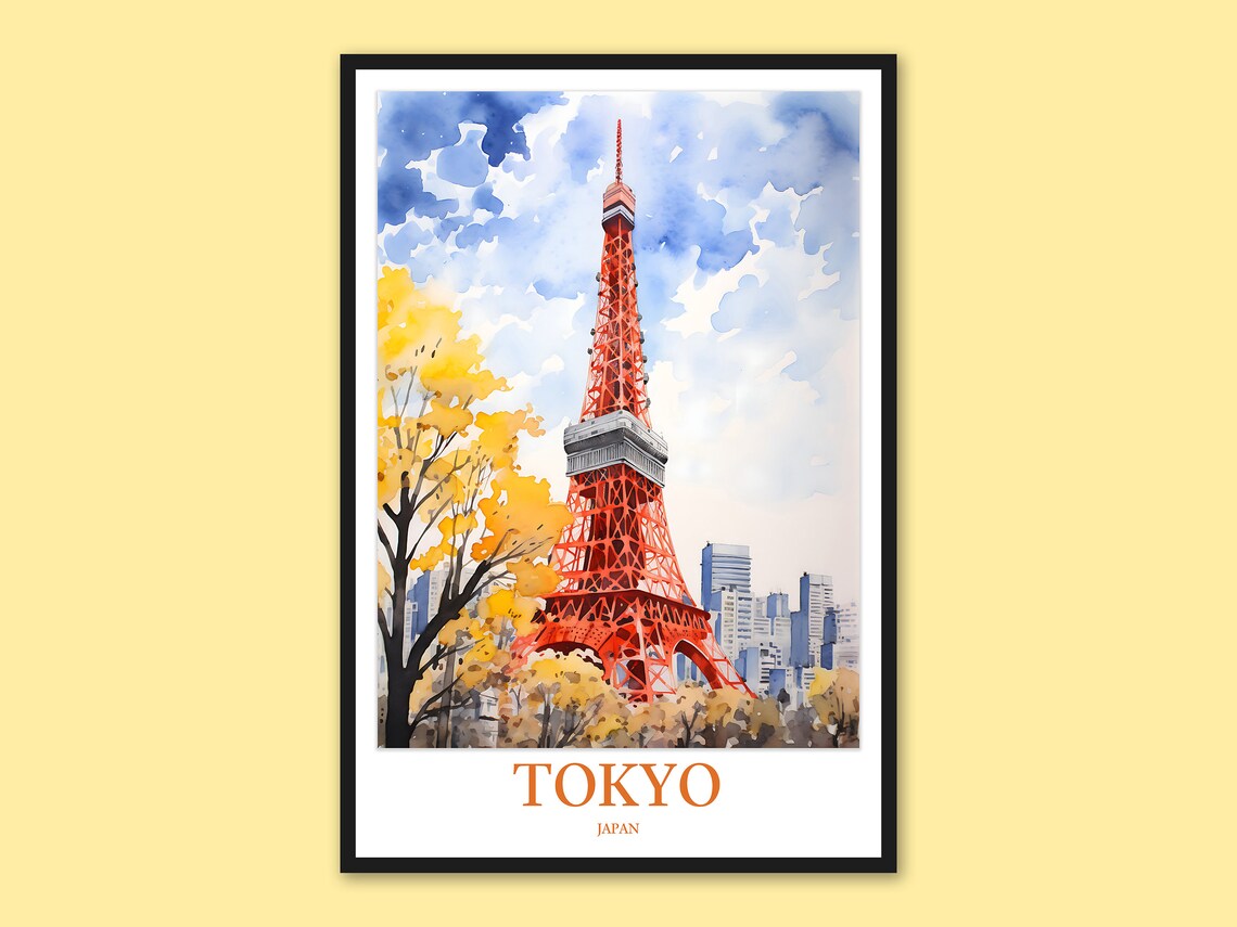 Tokyo Tower Golden Autumn Trees Watercolor Japan Travel Poster