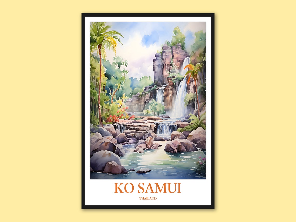 Ko Samui Thailand Cliff Waterfall Rocky Pool Watercolor Poster
