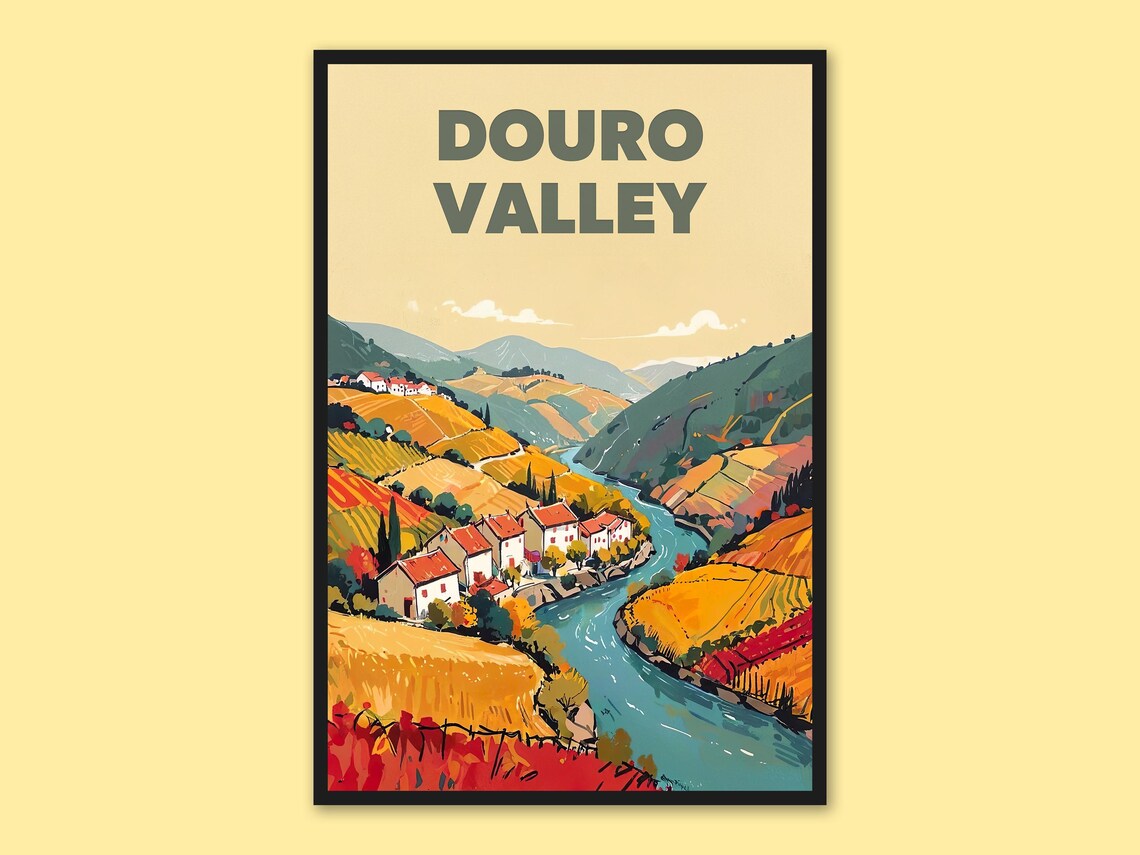 Douro Valley Portugal Riverside Village Autumn Travel Poster