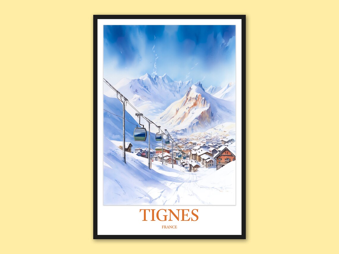 Tignes France Gondola Cable Car Over Ski Village Vintage Art Poster