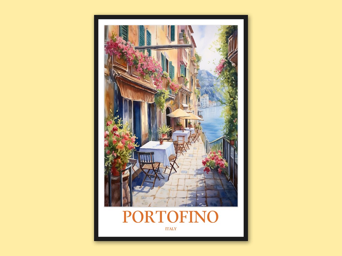 Portofino Italy Flower Lined Street Cafe Watercolor Travel Poster