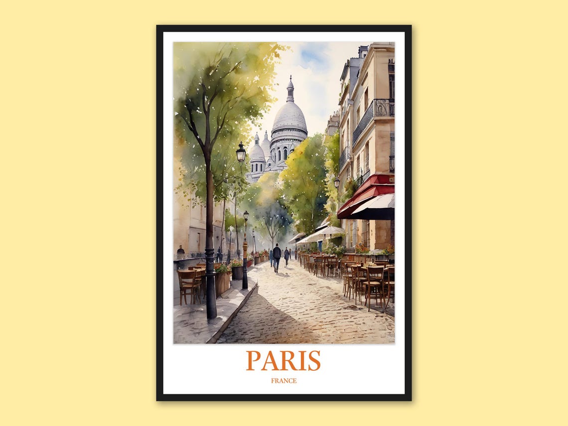 Paris Montmartre Sacre Coeur Cobblestone Street Travel Poster