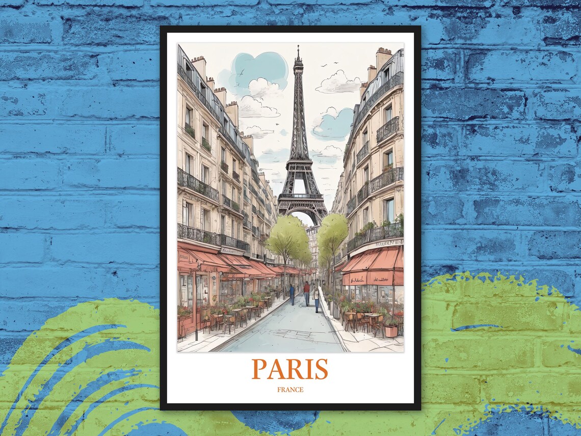 Paris France Watercolor Eiffel Tower Street Cafe Scene Travel Poster