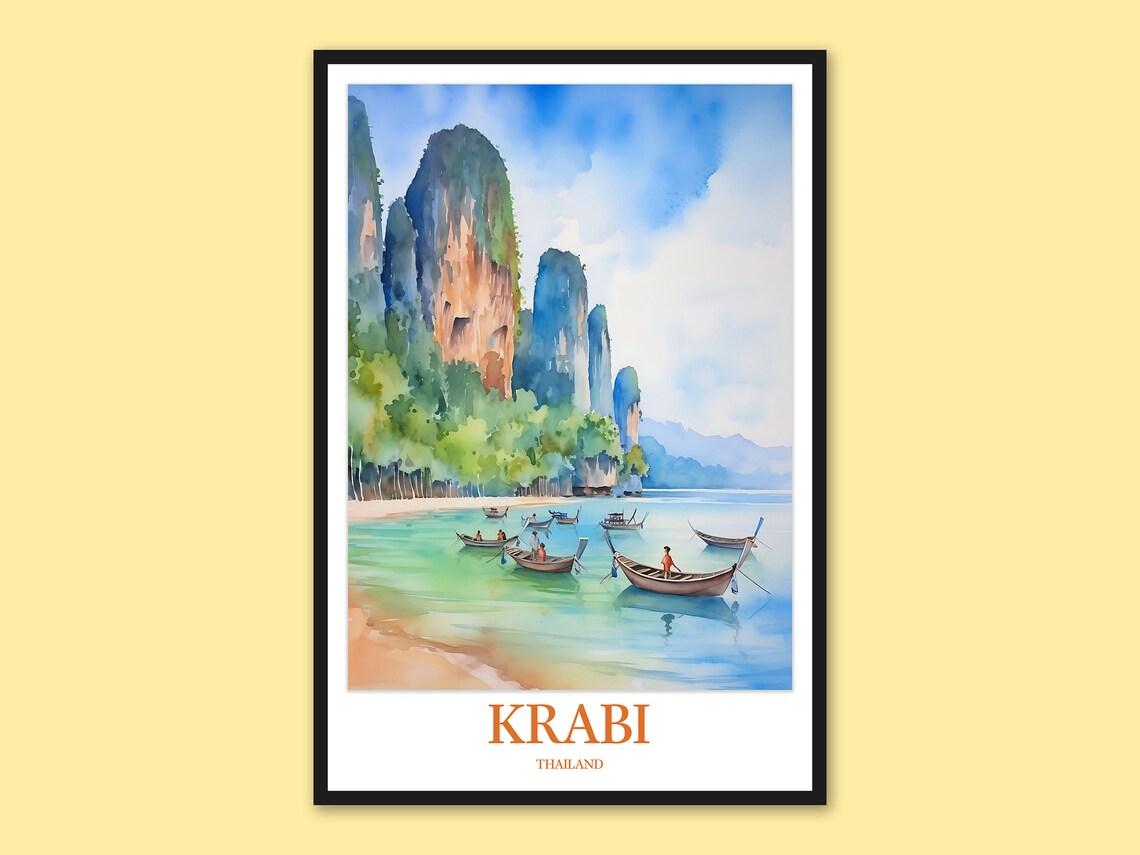 Krabi Thailand Watercolor Travel Poster Longtail Boats and Cliffs