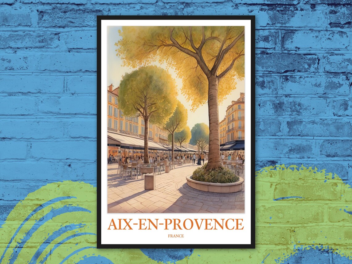 Aix-en-Provence Plane Tree Plaza Watercolor Travel Poster France