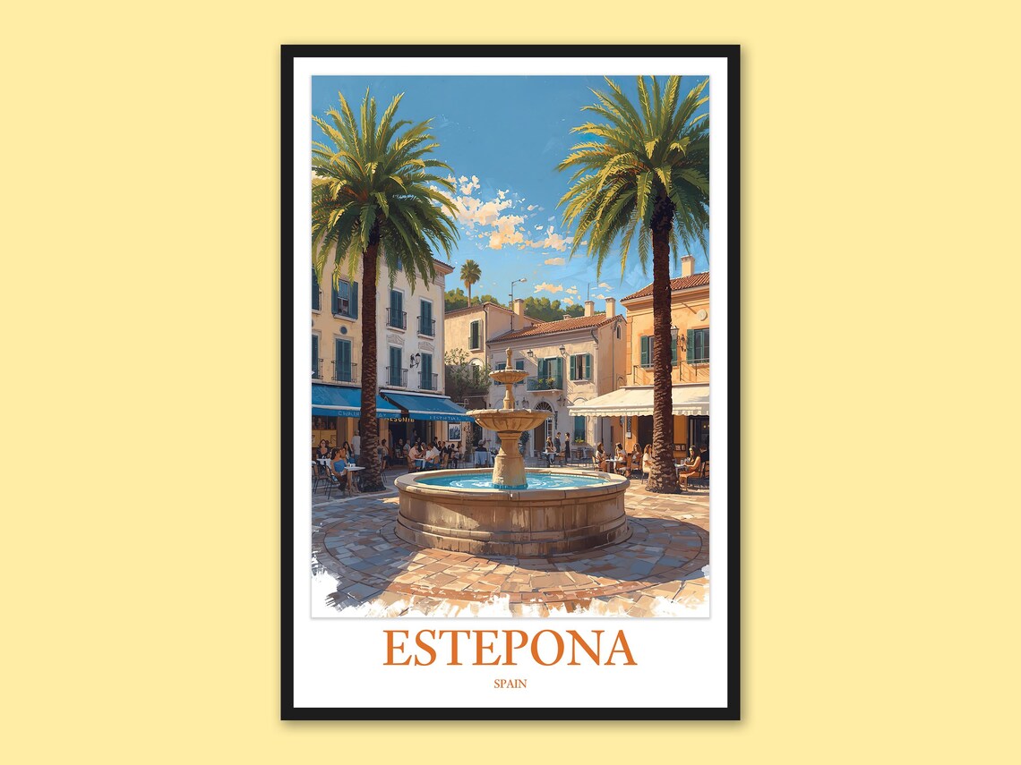 Estepona Spain Old Town Fountain Plaza with Palm Trees Poster