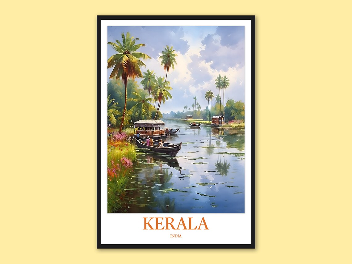 Kerala Backwaters Houseboats Tall Palm Trees Watercolor Poster