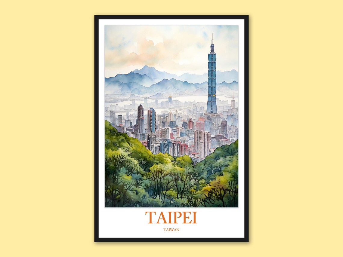 Taipei Taiwan Taipei 101 Green Hills Watercolor Travel Poster
