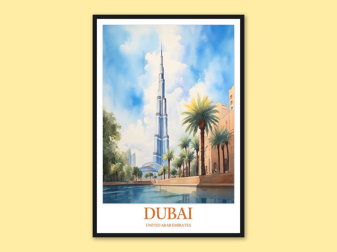 Dubai Burj Khalifa Palm Lined Canal Daytime Watercolor Poster