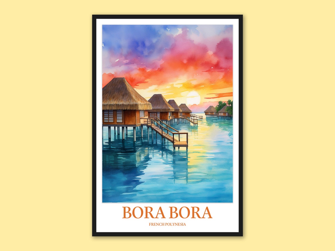Bora Bora Sunset Overwater Bungalows Reflecting Lagoon View Poster