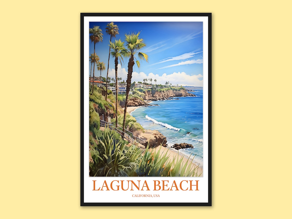 Laguna Beach California Palm Cliff Ocean Cove Watercolor Poster
