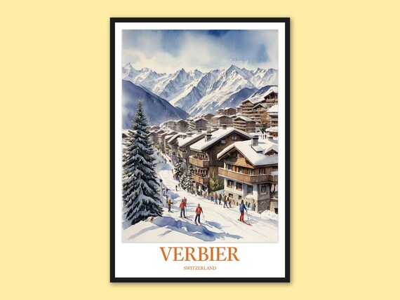 Verbier Switzerland Skiers Below Snowy Village Winter Travel Poster