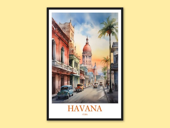 Havana Cuba Classic Cars El Capitolio Watercolor Travel Poster