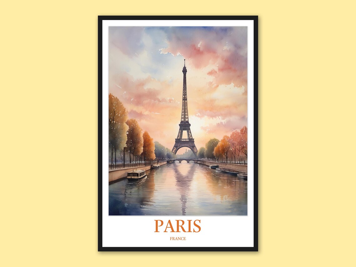 Eiffel Tower Paris Sunset Watercolor With Boats Travel Poster