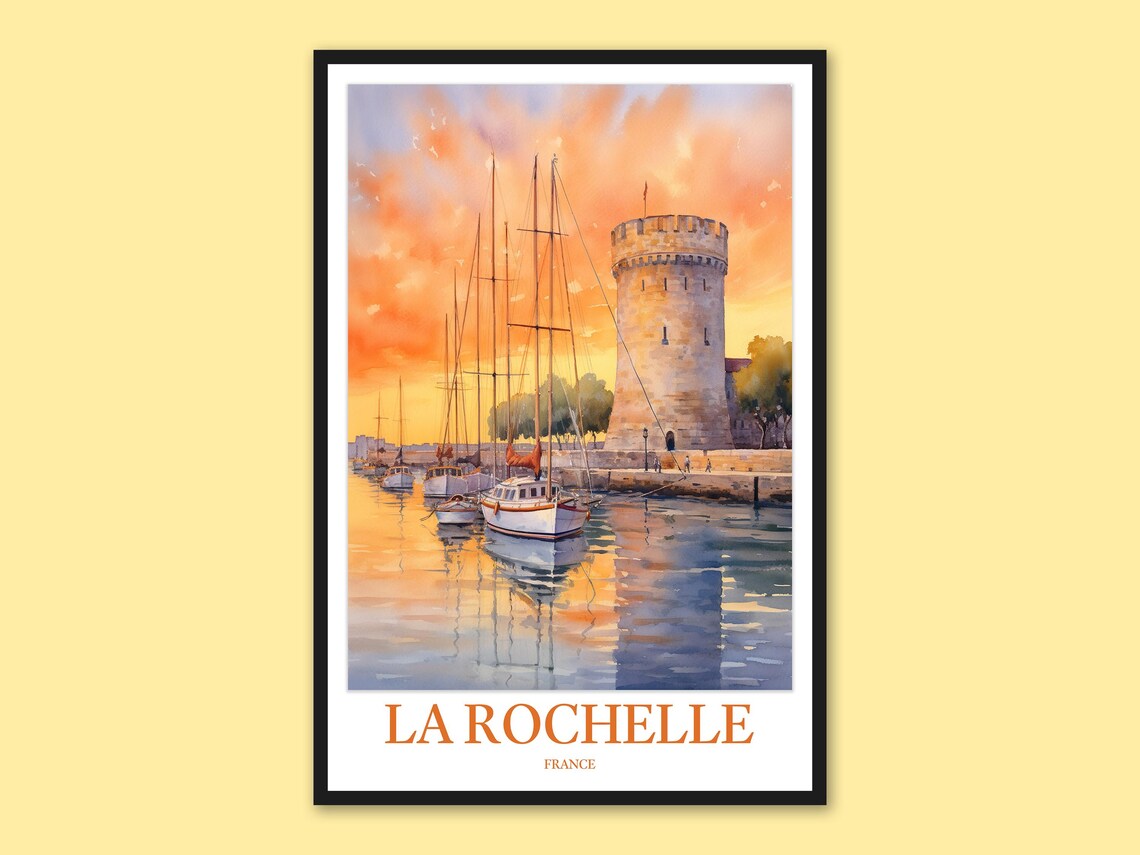 La Rochelle France Historic Stone Tower Harbor Sunset Travel Poster