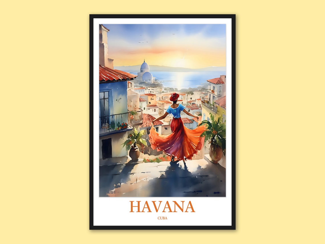 Havana Cuba Dancer Watercolor Rooftop Sunset Travel Poster Art