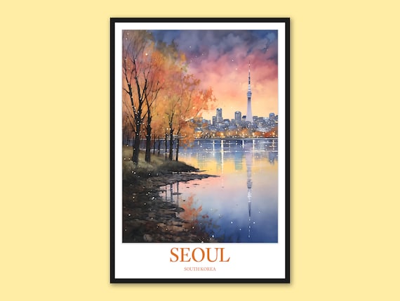 Seoul N Seoul Tower Sunset Riverside Watercolor Travel Poster
