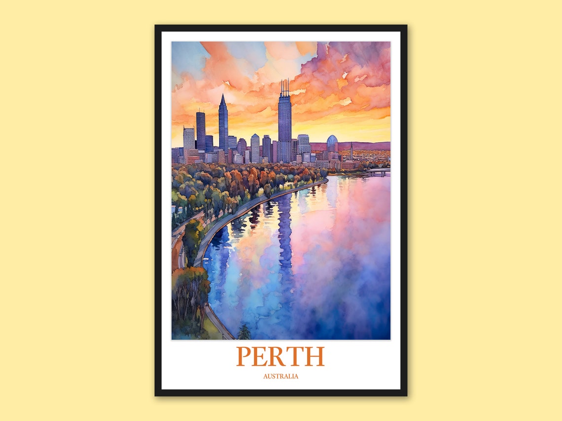 Perth Australia Sunset Skyline Swan River Watercolor Travel Poster