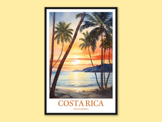 Costa Rica Sunset Beach With Palm Trees Tropical Travel Poster