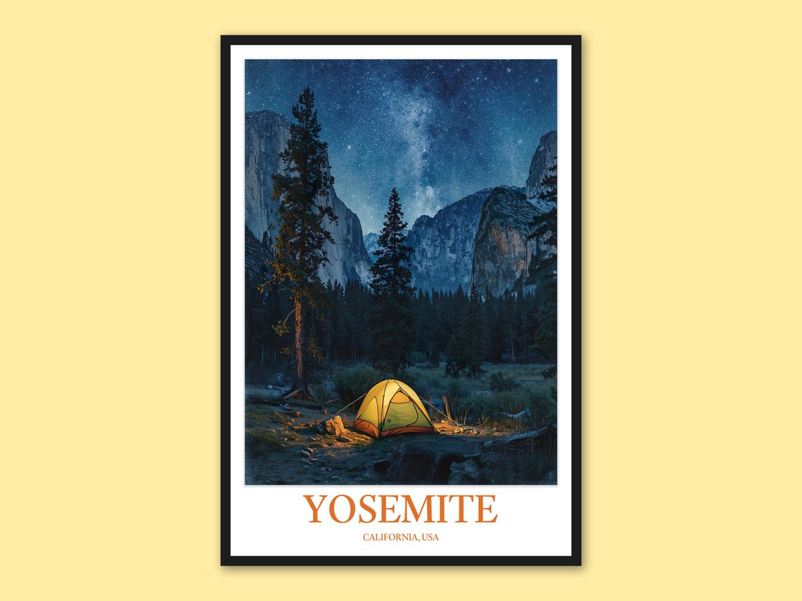 Yosemite Tent Under Starry Night Sky Camping Adventure Poster