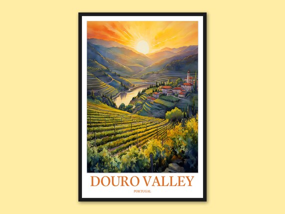 Douro Valley Portugal Sunset Vineyard Terraces Watercolor Poster