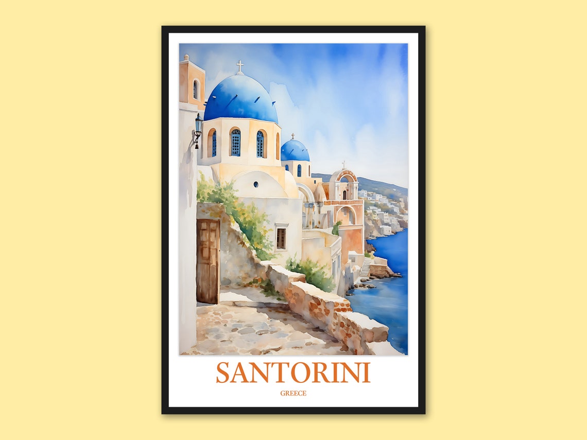 Santorini Greece Blue Dome Churches Watercolor Travel Art Poster