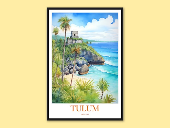 Tulum Mexico Mayan Temple Cliffside Coast Watercolor Travel Poster
