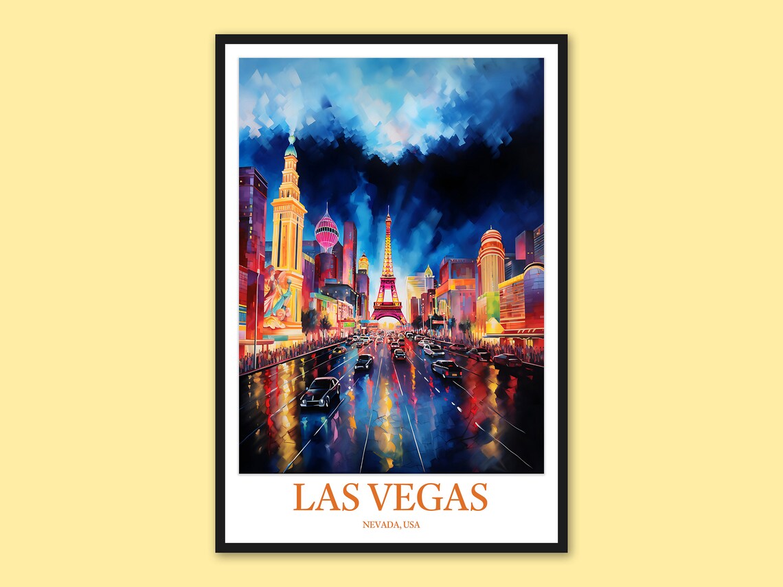 Painterly Las Vegas Strip Night Drive with Eiffel Tower Travel Poster