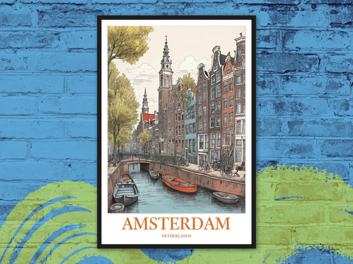 Amsterdam Canal Watercolor with Church Tower and Boats Travel Poster