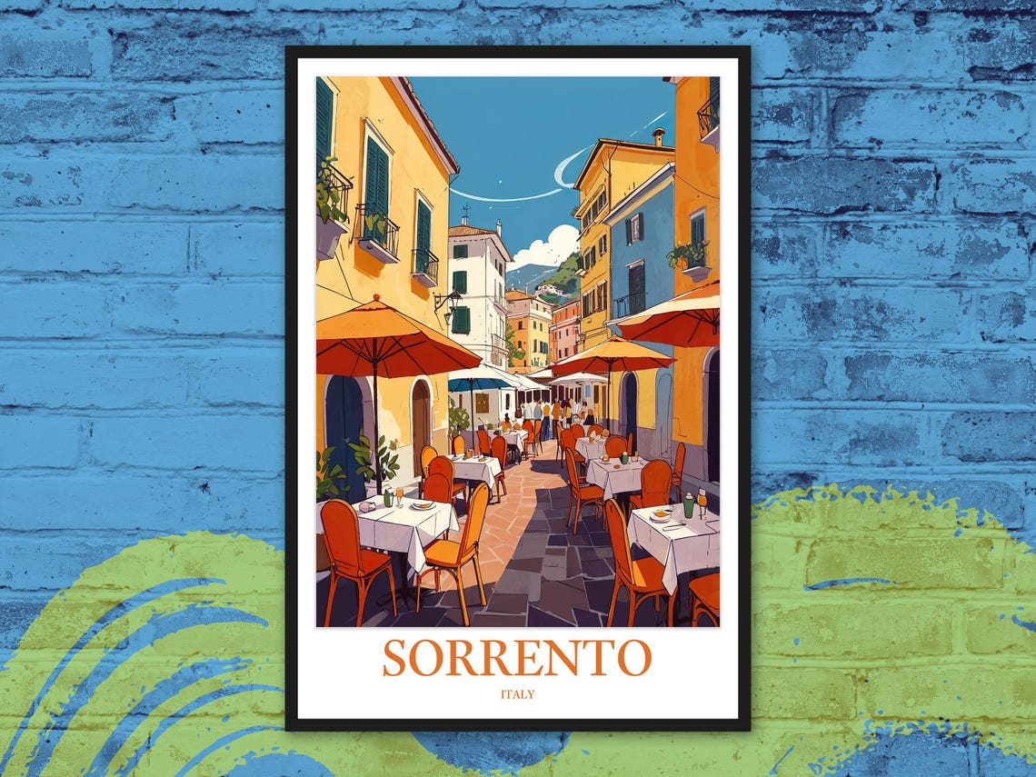 Sorrento Italy Old Town Restaurant Street Umbrellas Travel Poster
