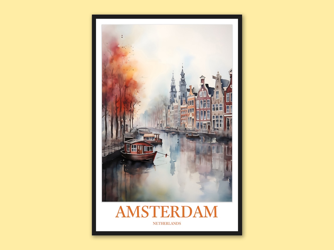 Amsterdam Netherlands Canal Houseboats Autumn Watercolor Poster
