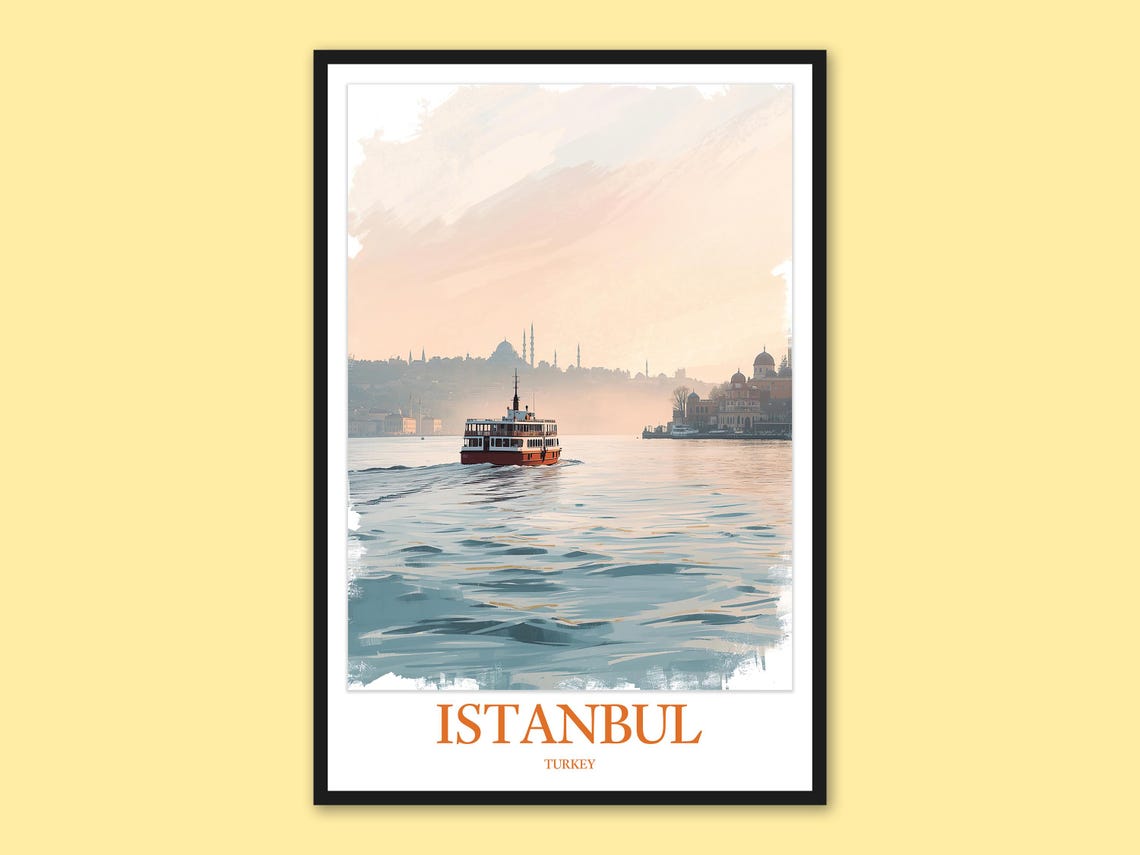 Istanbul Ferry Crossing Bosphorus Pastel Morning Art Poster Scene