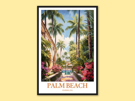 Palm Beach Florida Resort Pool Courtyard Poster with Palms and Flowers