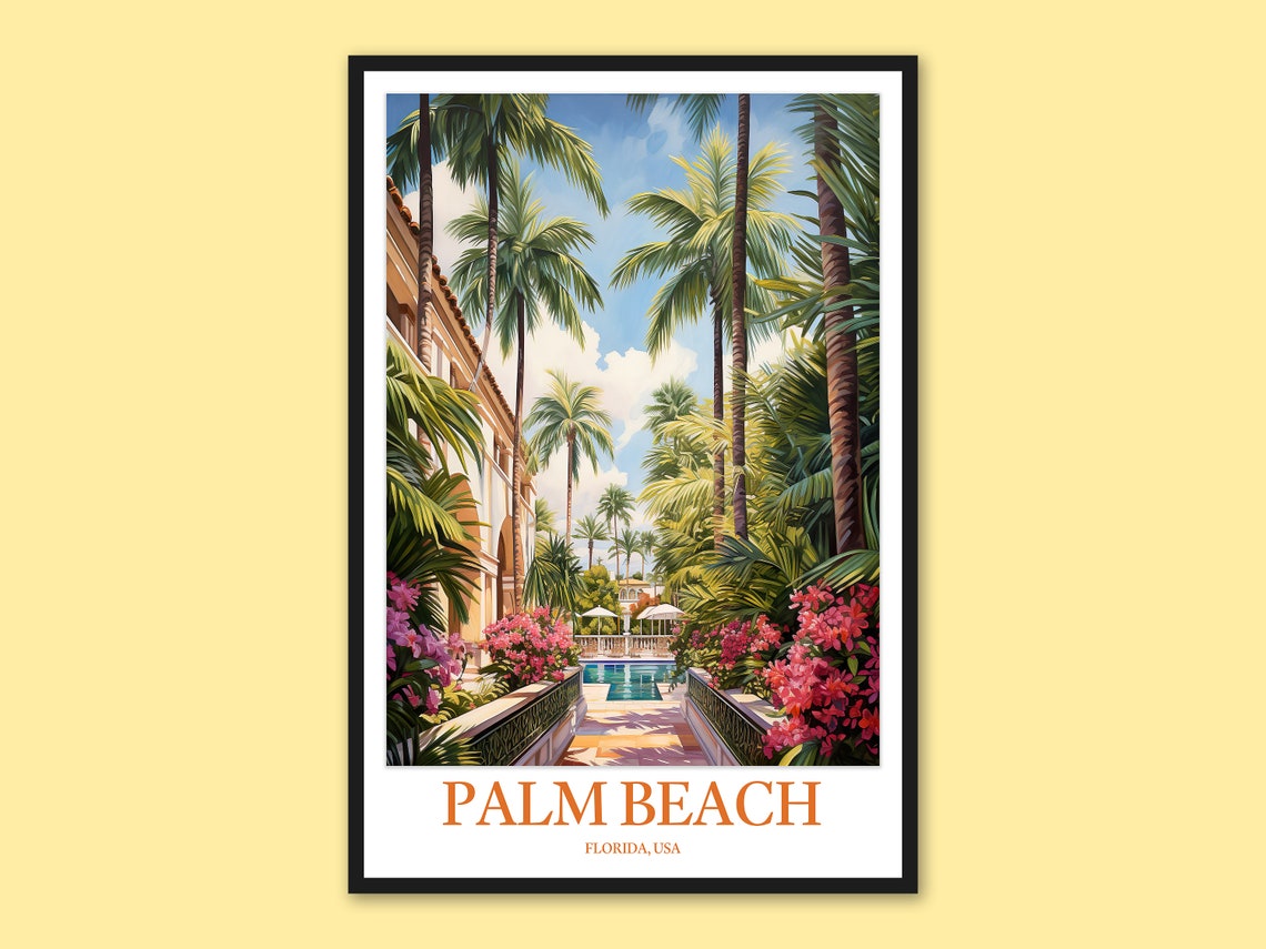 Palm Beach Florida Resort Pool Courtyard Poster with Palms and Flowers