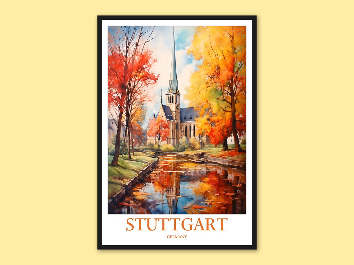 Stuttgart Germany Autumn Church and Canal Reflection Travel Poster