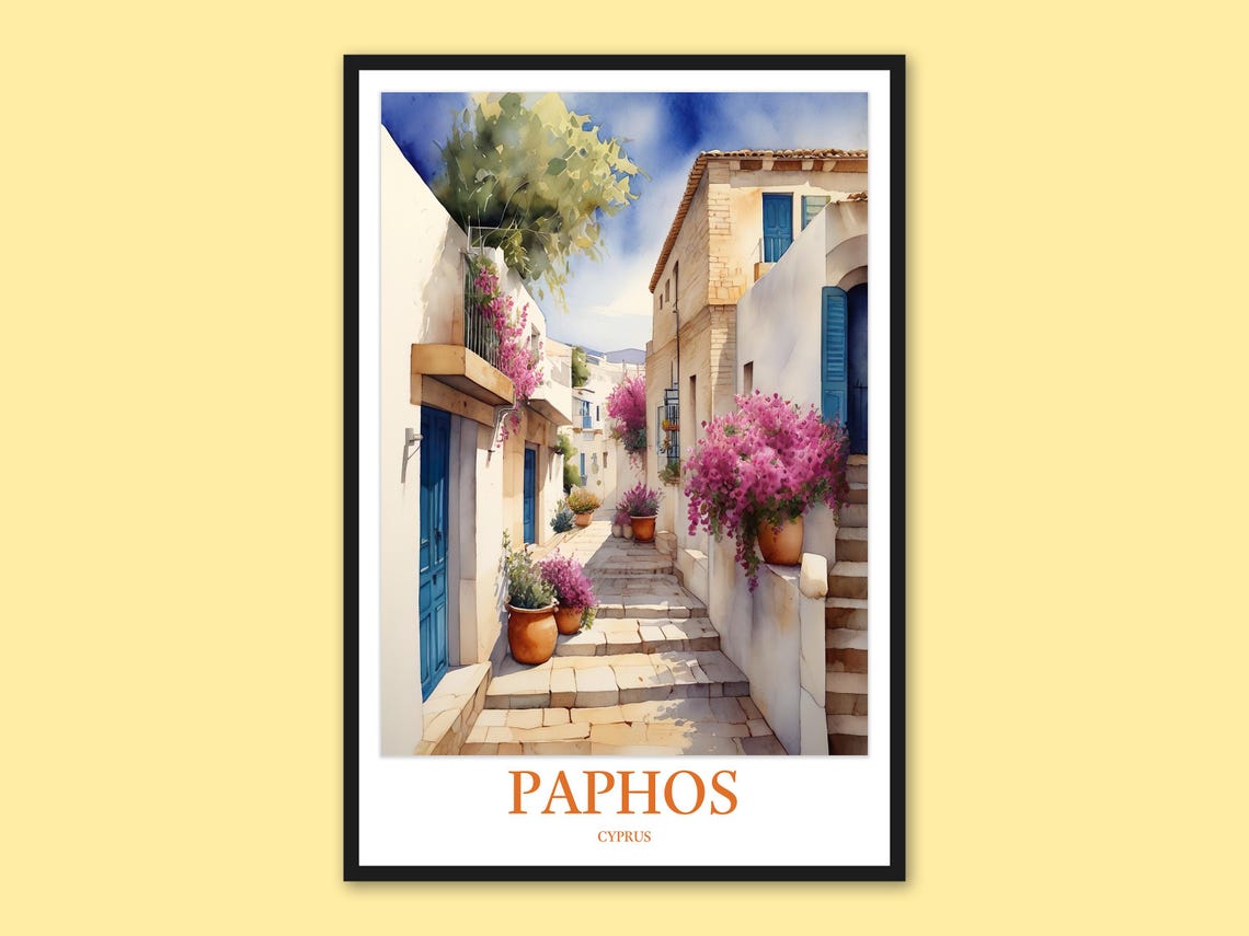 Paphos Cyprus Old Town Bougainvillea Alley Watercolor Poster