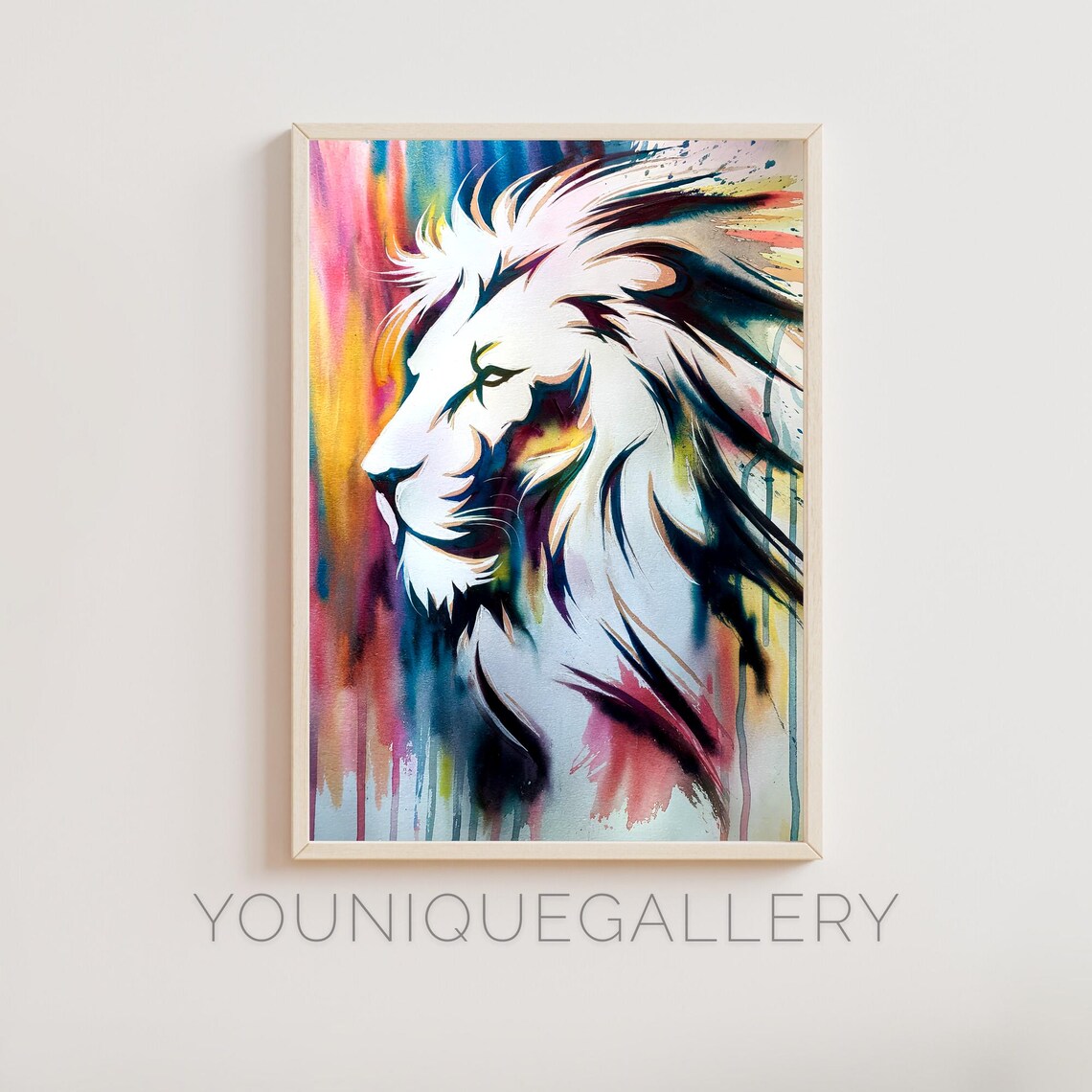 White Lion Profile Rainbow Watercolor Splash Wildlife Poster
