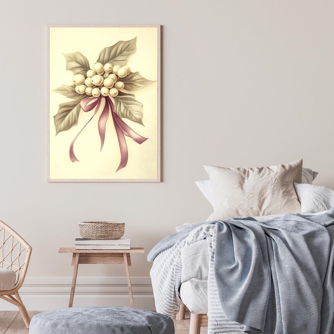 Elegant Christmas Mistletoe Botanical Art With Pink Bow Poster - Image 3
