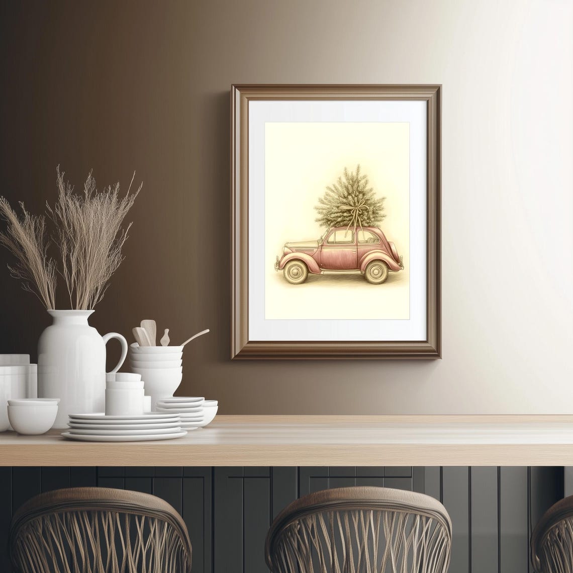 Vintage Red Volkswagen Beetle Carrying Christmas Tree Art Poster - Image 2