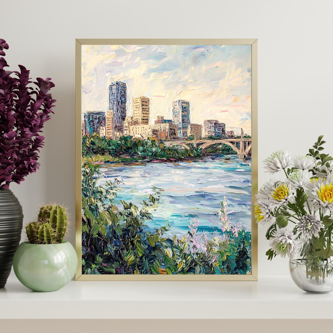 City Bridge River Sunset Reflections Impressionist Oil Painting Wall Art - Image 4