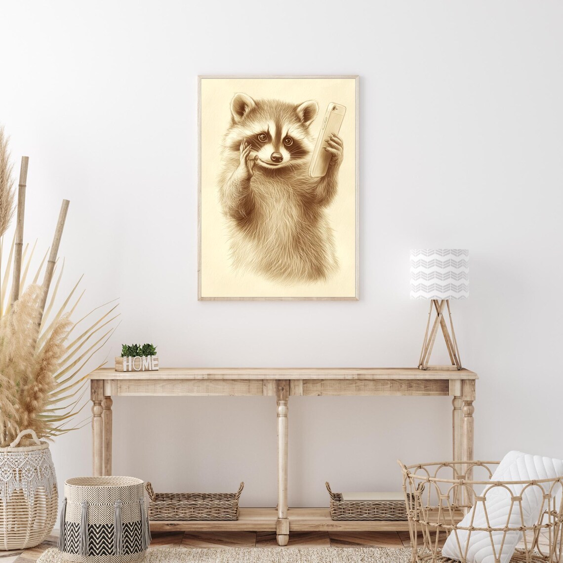 Funny Raccoon Selfie Sepia Sketch Cute Wildlife Animal Wall Art - Image 3