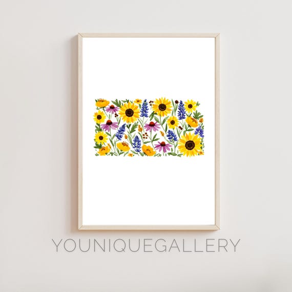 Kansas Floral Map, Sunflower State Watercolor Art Print