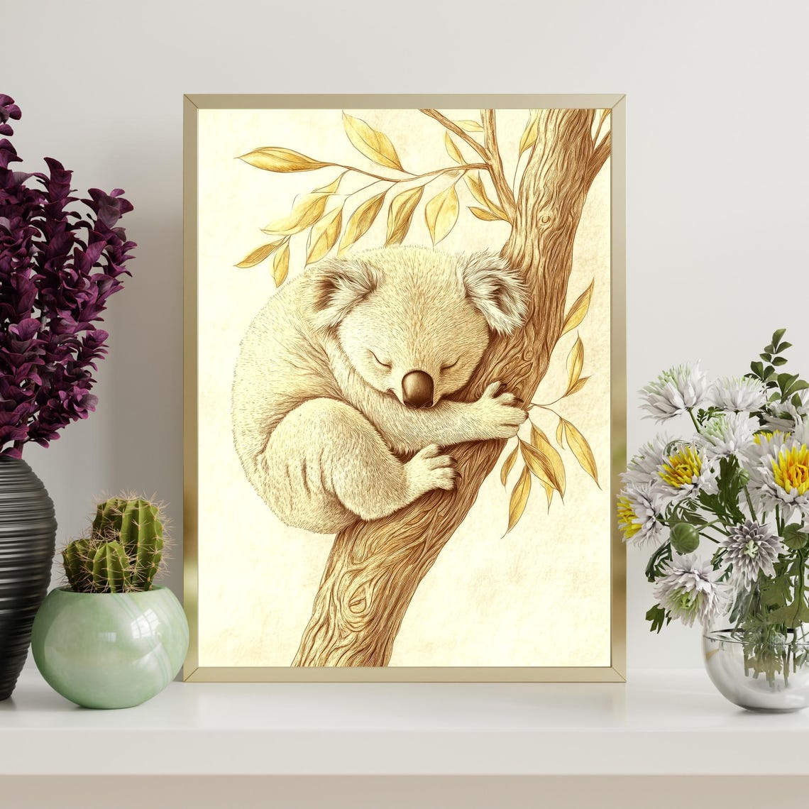 Sleeping Koala On Tree Branch Sepia Sketch Cute Animal Wall Art - Image 4