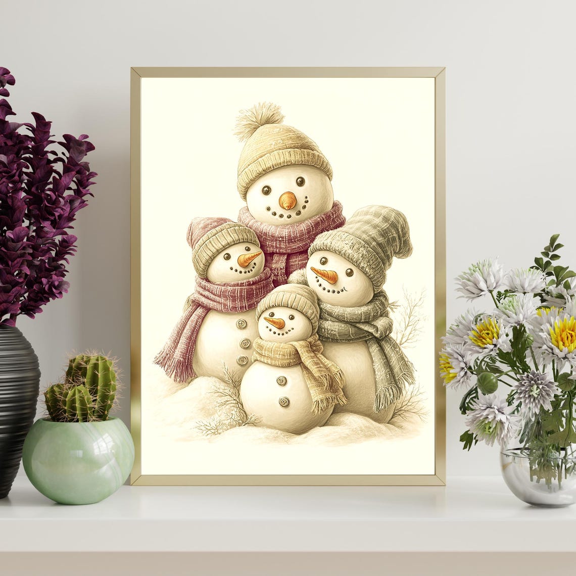Snowman Family Four Cute Snowmen Winter Holiday Scene Poster - Image 4