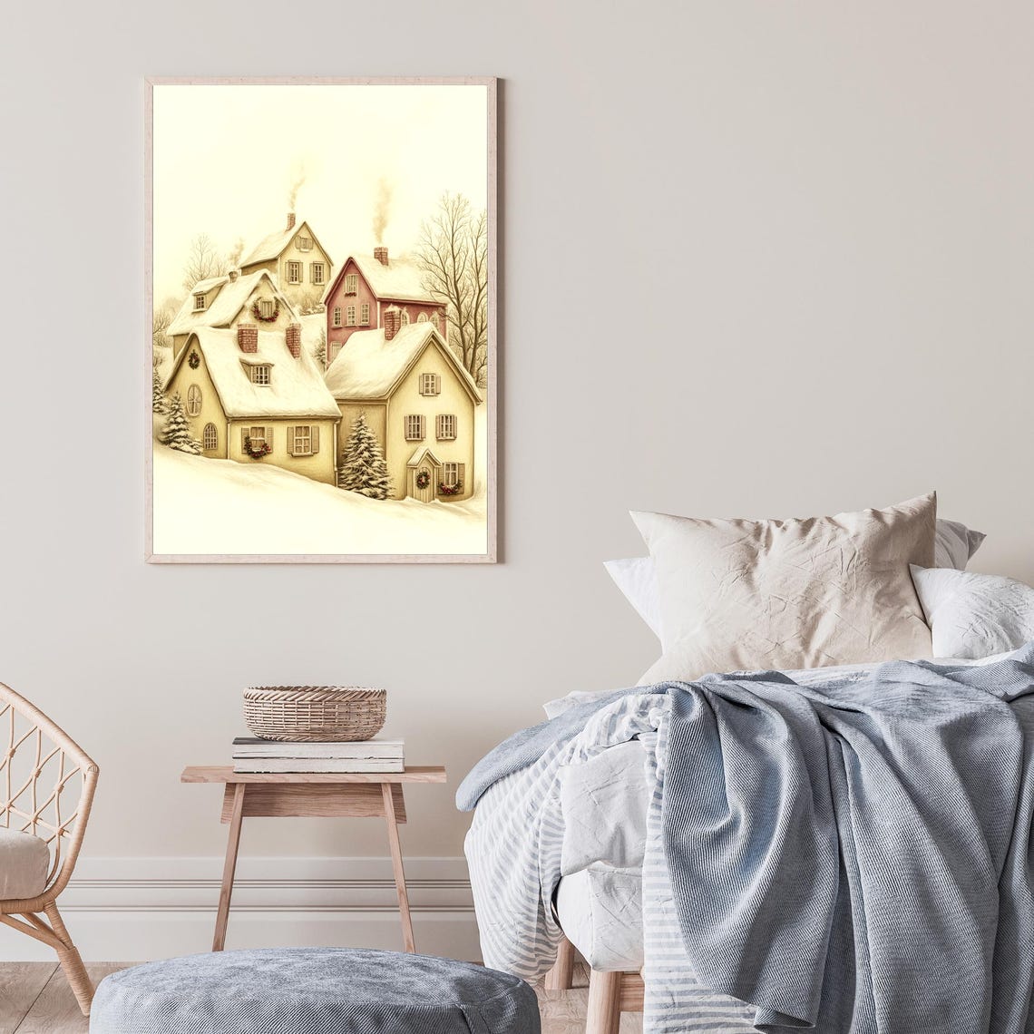 Snowy Christmas Village Cozy Cottages Winter Scene Art Poster - Image 3
