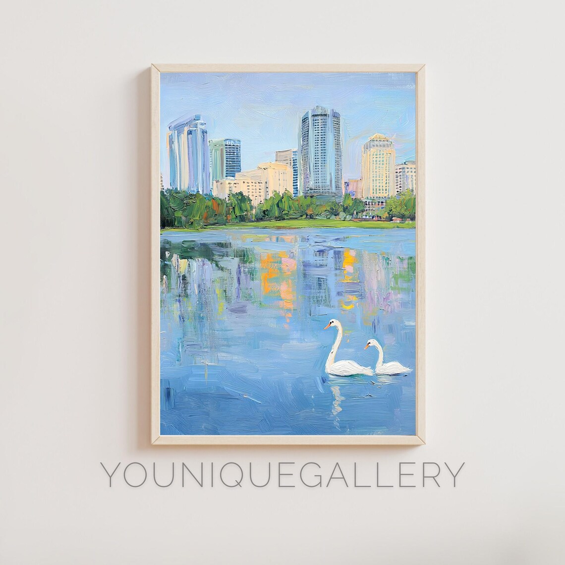 Orlando FL Swan Scene Art Print, City Skyline Reflection