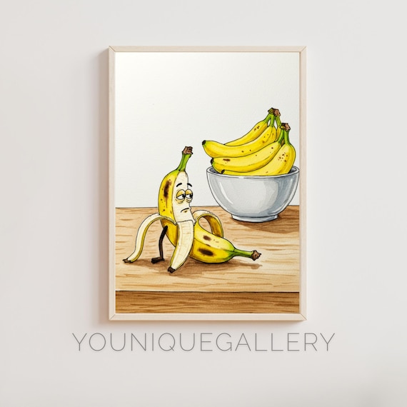 Funny Sad Banana Watercolor Art Print Kitchen Wall Decor Fruit Illustration Humorous Food Art Cafe Wall Decor