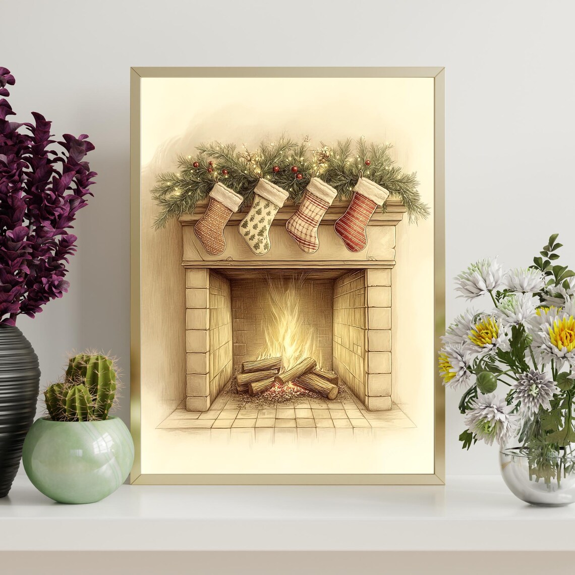Cozy Christmas Fireplace Four Stockings Mantel Holiday Poster - Image 4